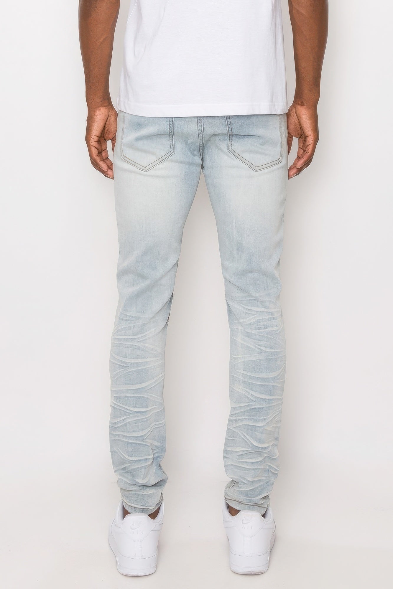 Men's Creased Light Blue Biker Denim Jeans - Tigbul's Variety Fashion Shop