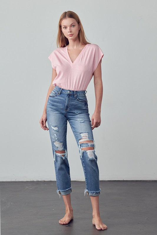 Mid Rise Stretch Raw Hem Ripped Boyfriend Jeans - Tigbul's Variety Fashion Shop