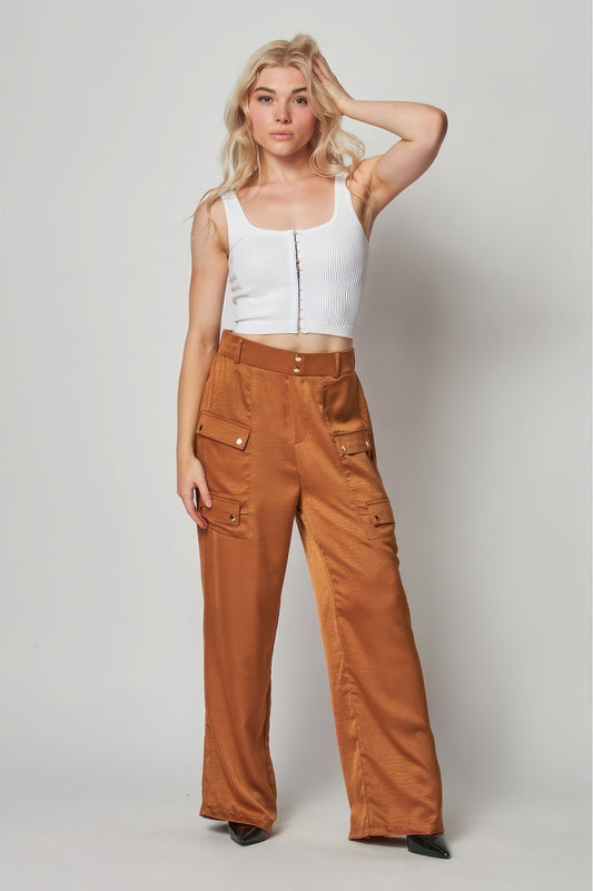 Satin Cargo Pocket Wide Leg Pants - Tigbul's Variety Fashion Shop