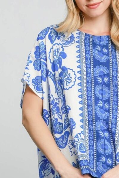 Blue Floral Border Print Oversized Top - Tigbul's Variety Fashion Shop