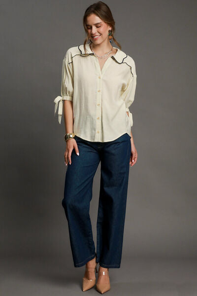 Ivory Embroidered Detail Button Down Shirt - Tigbul's Variety Fashion Shop