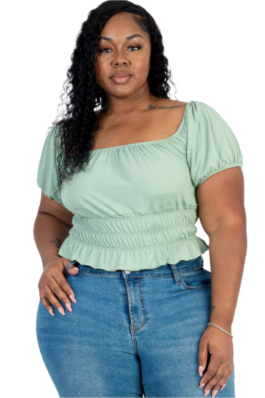 Plus size casual ruched puff sleeve ribbed knit solid top - Tigbul's Variety Fashion Shop