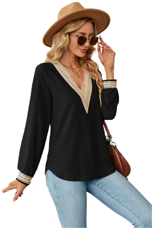 Size Large Black V-Neck Long Sleeve Eyelet Blouse - Tigbul's Variety Fashion Shop