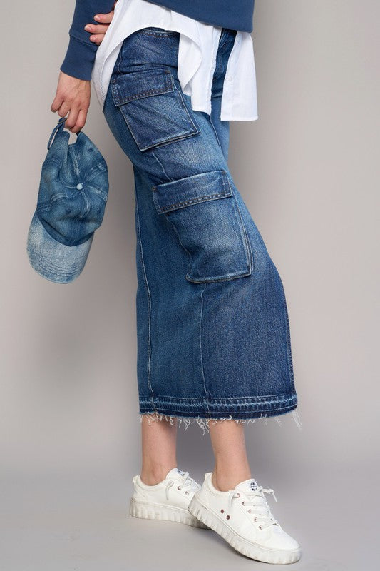 Dark Wash Cargo Pocket Long Denim Skirt - Tigbul's Variety Fashion Shop