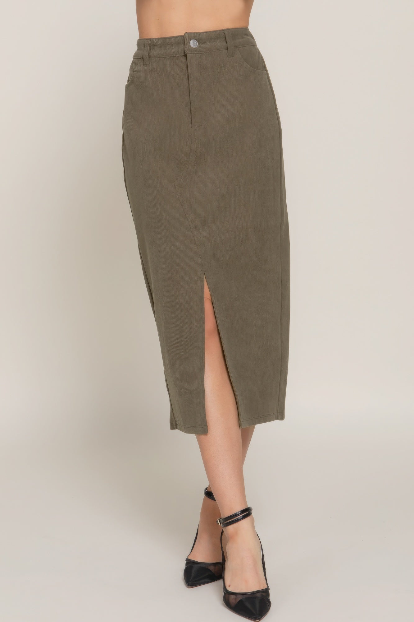 Front Open Slit Corduroy Midi Skirt in Green or Cream - Tigbul's Variety Fashion Shop