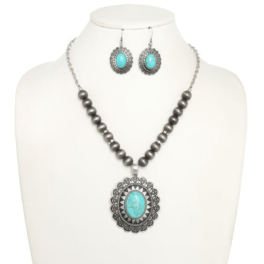 Western Oval Turquoise Concho Beaded Necklace Set - Tigbul's Variety Fashion Shop