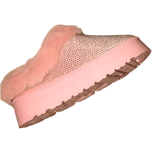 Pink Rhinestone Embellished Faux Fur Platform Bootie Slippers - Tigbul's Variety Fashion Shop