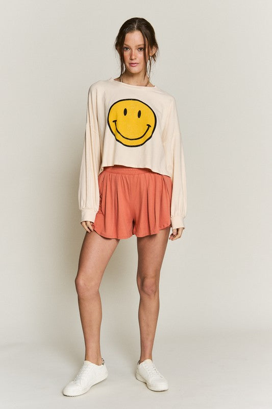 SMILEY FACE LONG SLEEVE CROP TOP - Tigbul's Variety Fashion Shop