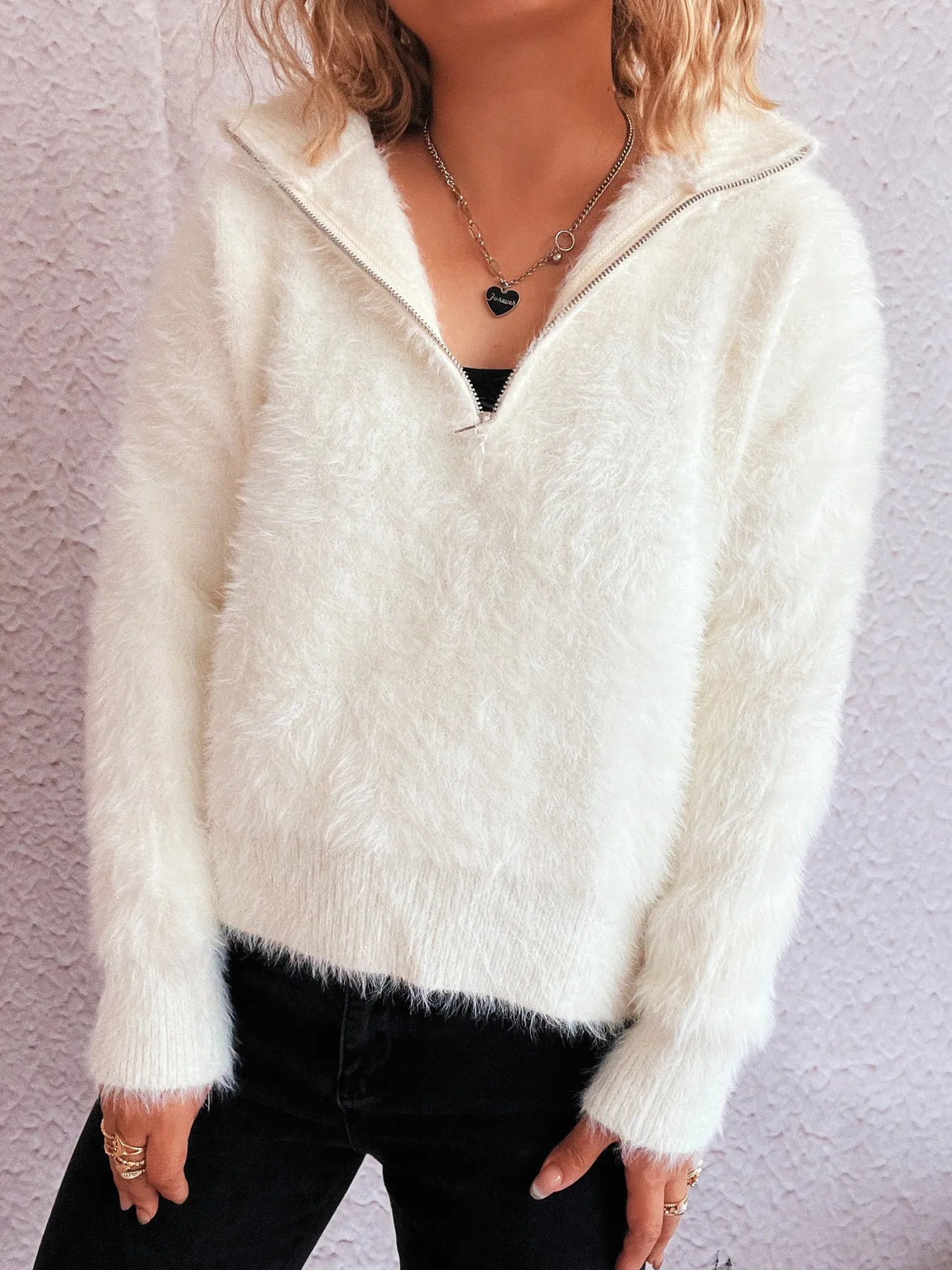 Cozy Fuzzy Half-Zip Sweater - Tigbul's Variety Fashion Shop