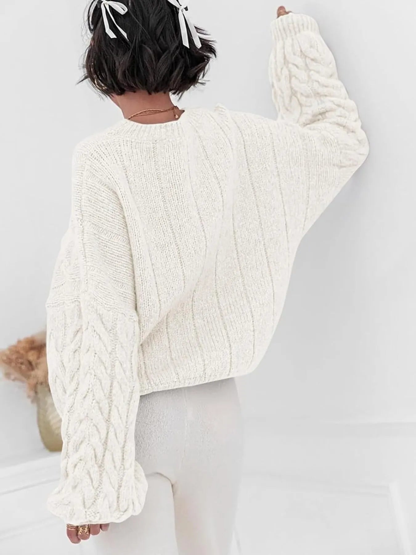 Cable Knit Long Sleeve Sweater - Tigbul's Variety Fashion Shop