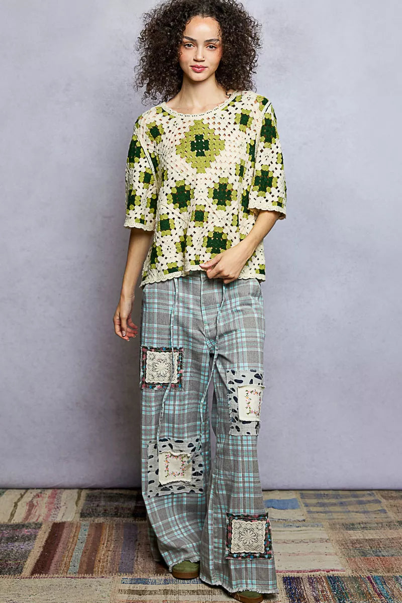 POL Round Neck Short Sleeve Color Pattern Crochet Top with Border Accents - Tigbul's Variety Fashion Shop