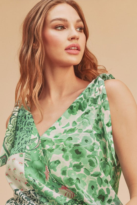 Aemi + Co Smocked Hem Printed Surplice Tank - Tigbul's Variety Fashion Shop