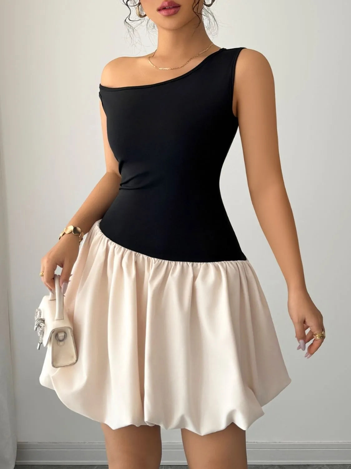 Contrast Single Shoulder Mini Tank Dress - Tigbul's Variety Fashion Shop