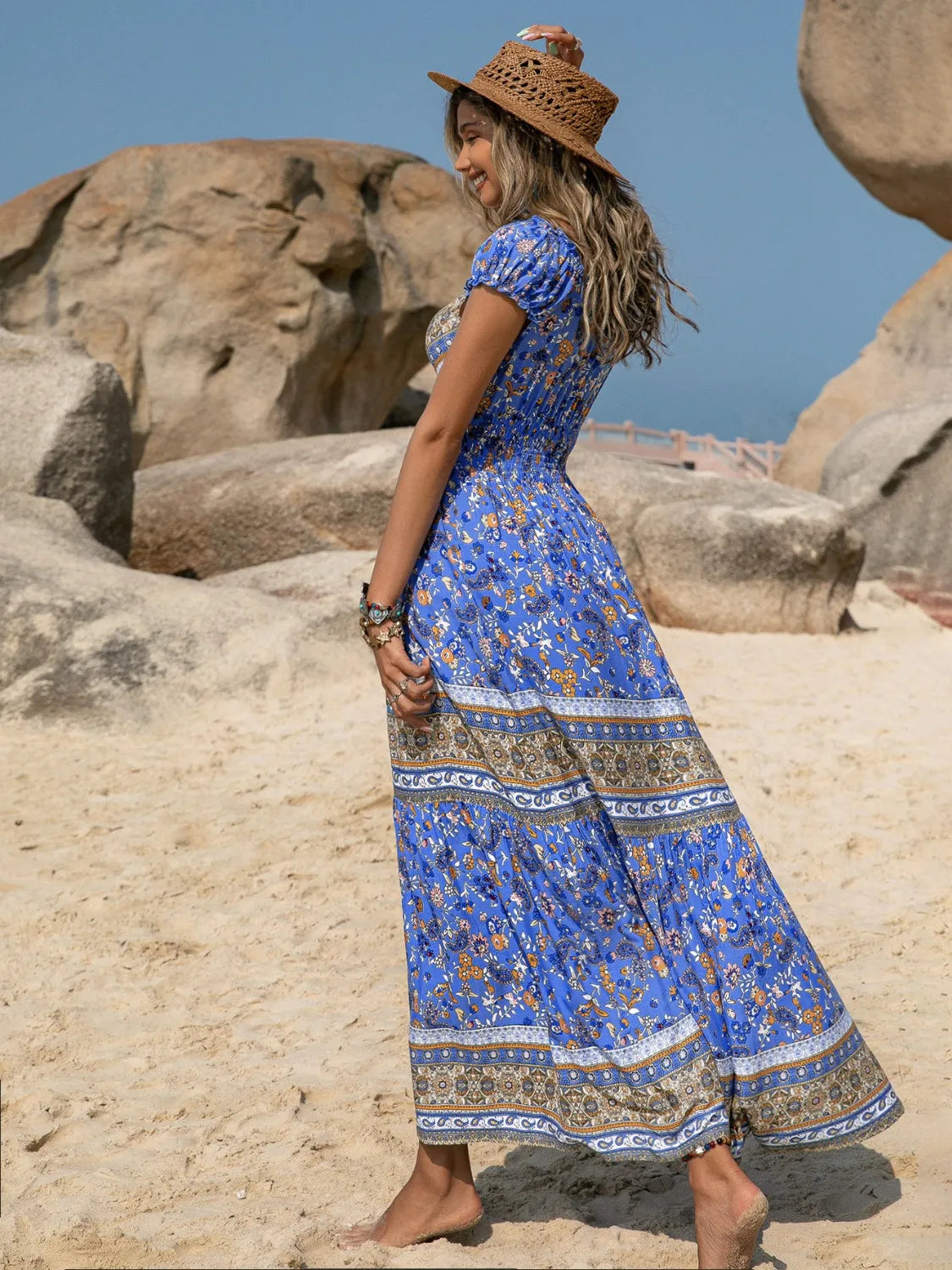 Printed V-Neck Cap Sleeve Midi Dress - Tigbul's Variety Fashion Shop