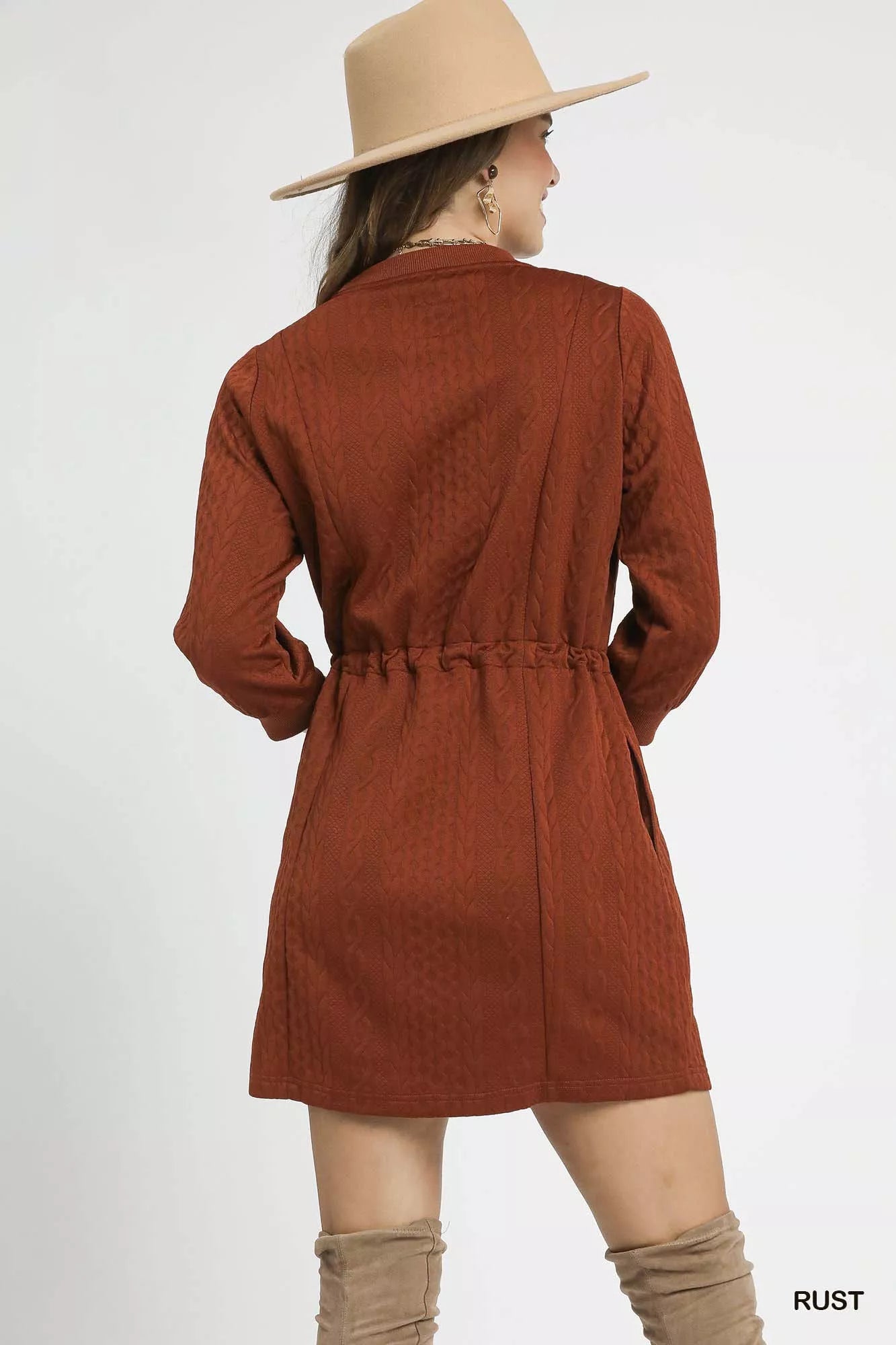 Rust Color Drawstring Cable Knit Mini Dress with Pockets - Tigbul's Variety Fashion Shop