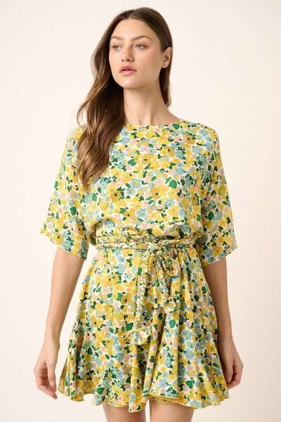 Yellow Combo Floral Tie Waist Half Sleeve Mini Dress - Tigbul's Variety Fashion Shop