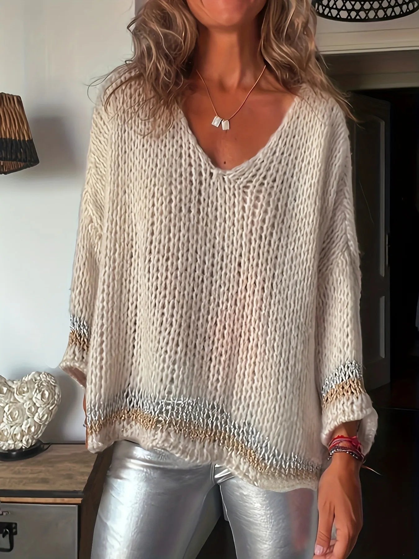 Contrast Trim Crochet Sweater - Tigbul's Variety Fashion Shop