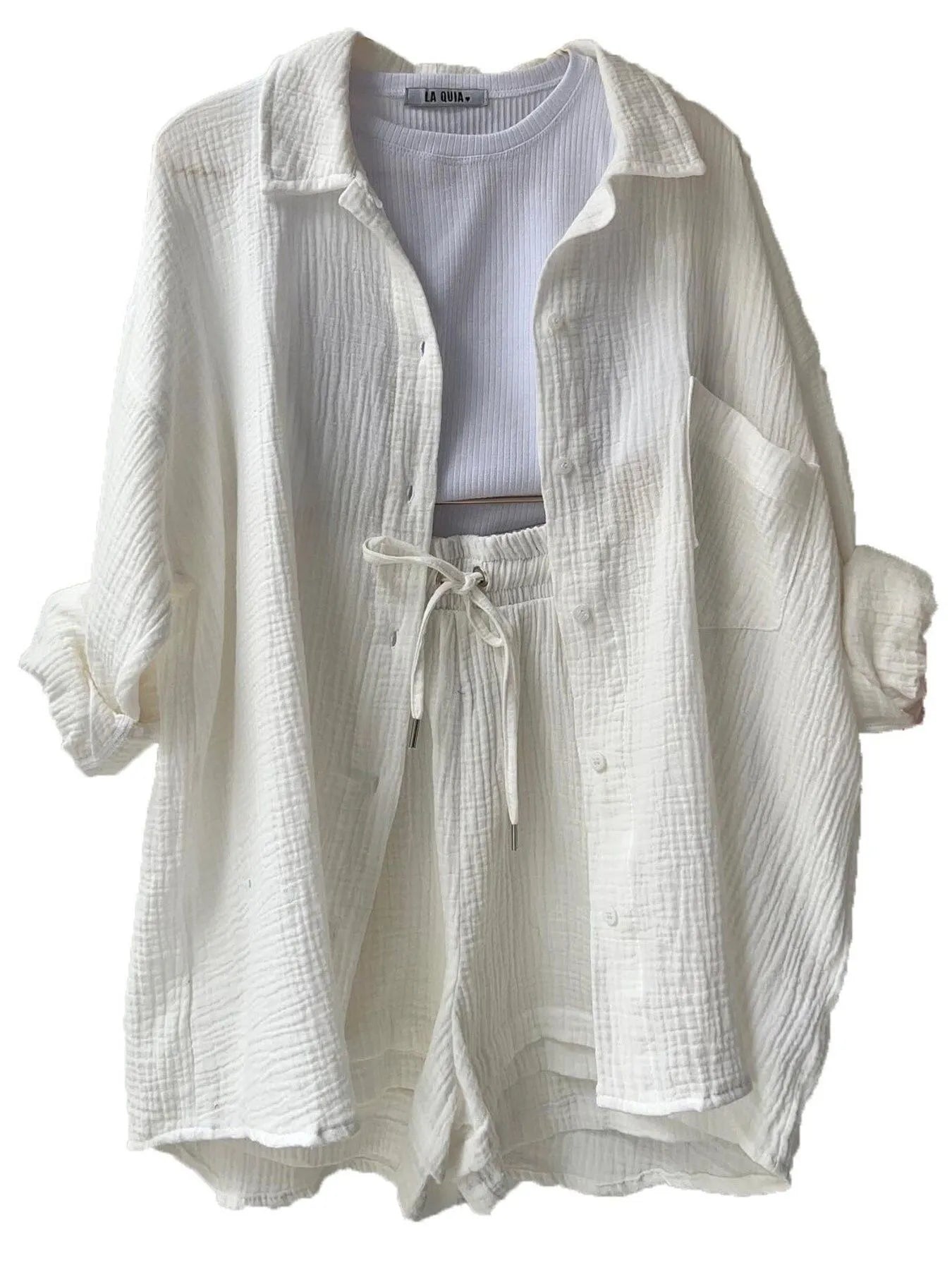 Textured Button Up Shirt and Shorts Set - Tigbul's Variety Fashion Shop
