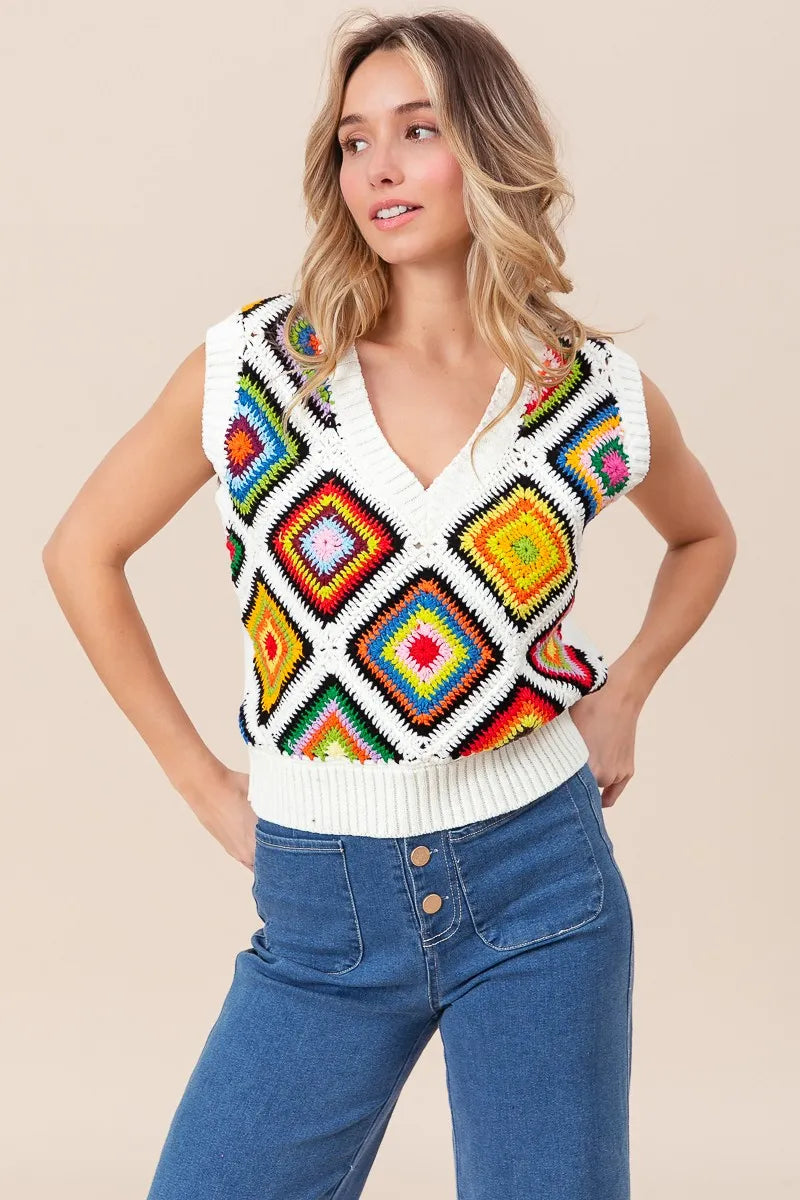 BiBi Diamond Granny Square Sweater Vest - Tigbul's Variety Fashion Shop