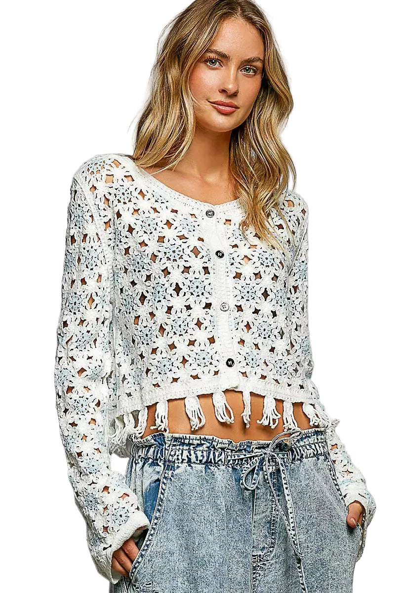 Off White, Blue Openwork Floral Crochet Cardigan with Tassel Hem | Tigbuls
