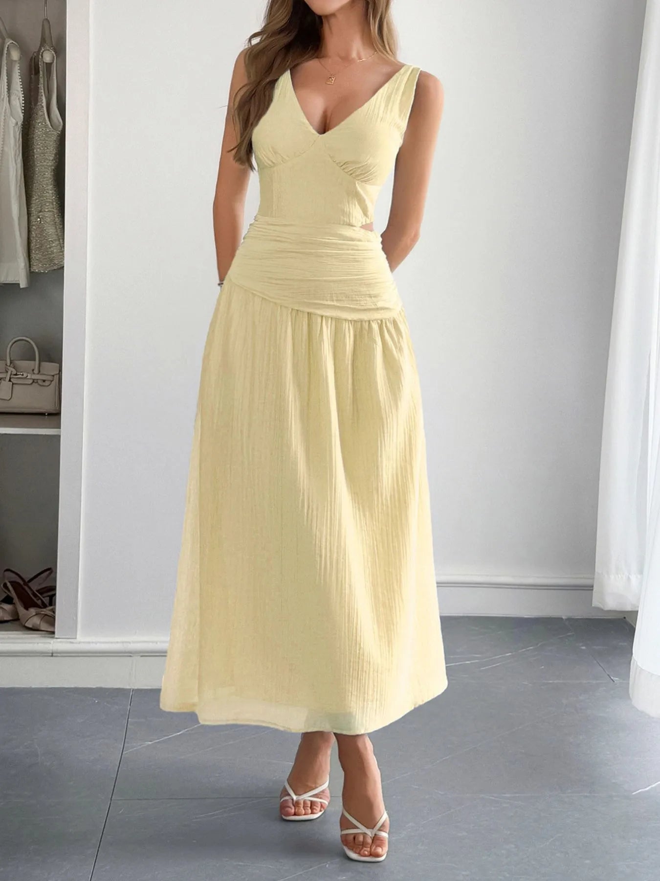 Cutout V-Neck Sleeveless Midi Dress - Tigbul's Variety Fashion Shop