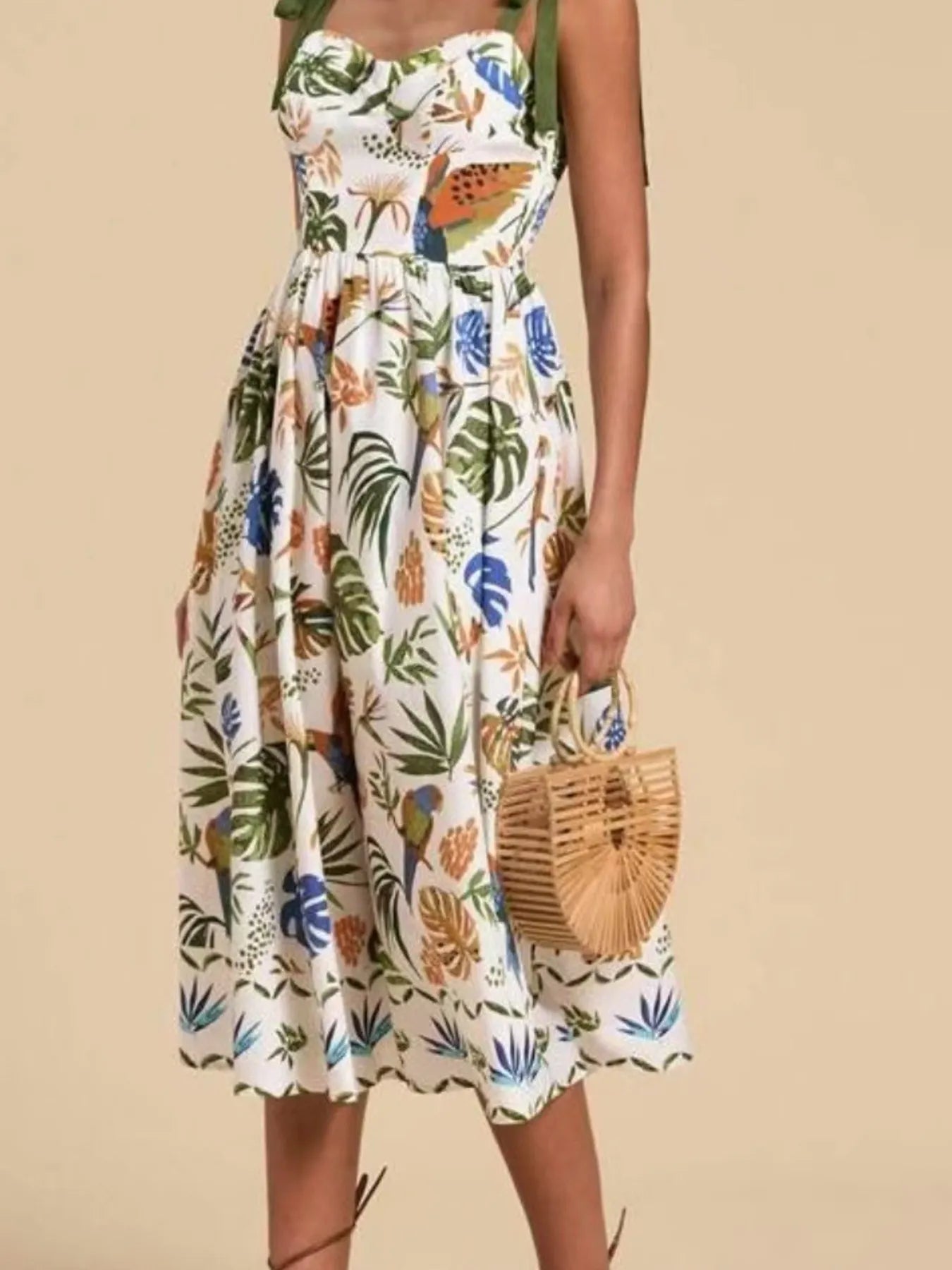 Tropical Print Tie-Shoulder Sweetheart Neck Midi Dress - Tigbul's Variety Fashion Shop