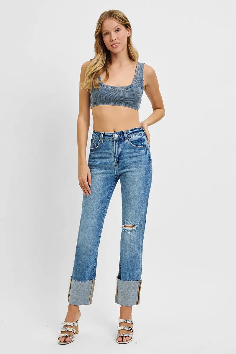RISEN Full Size High Rise Ankle Straight Wide Cuffed Jeans Plus Size - Tigbul's Variety Fashion Shop
