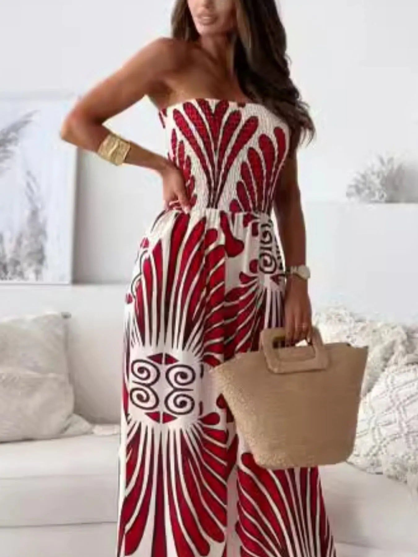 Printed Smocked Tube Wide Leg Jumpsuit - Tigbul's Variety Fashion Shop