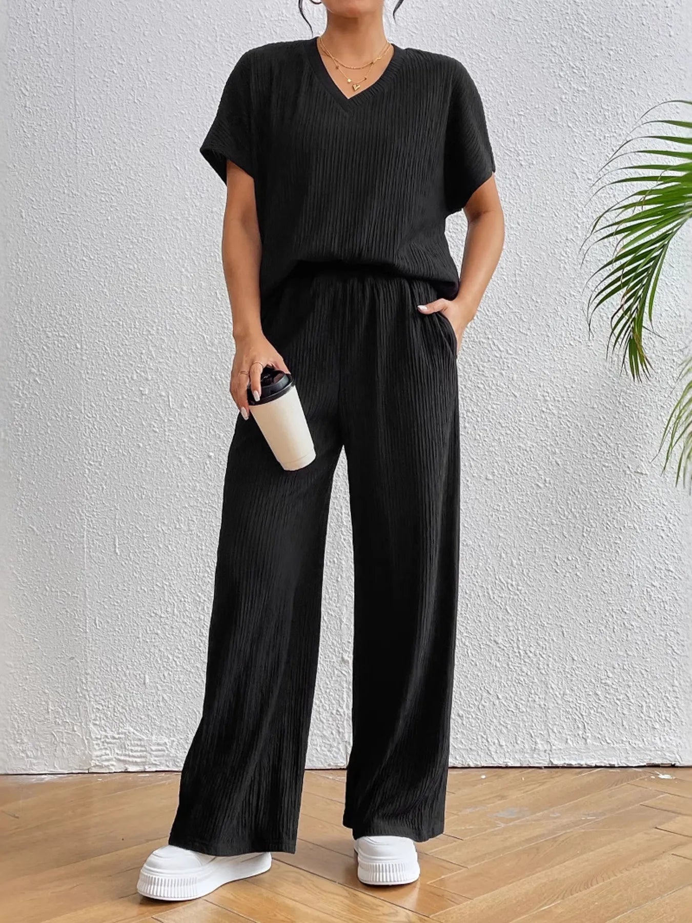 V-Neck Short Sleeve Top and Pants Set - Tigbul's Variety Fashion Shop