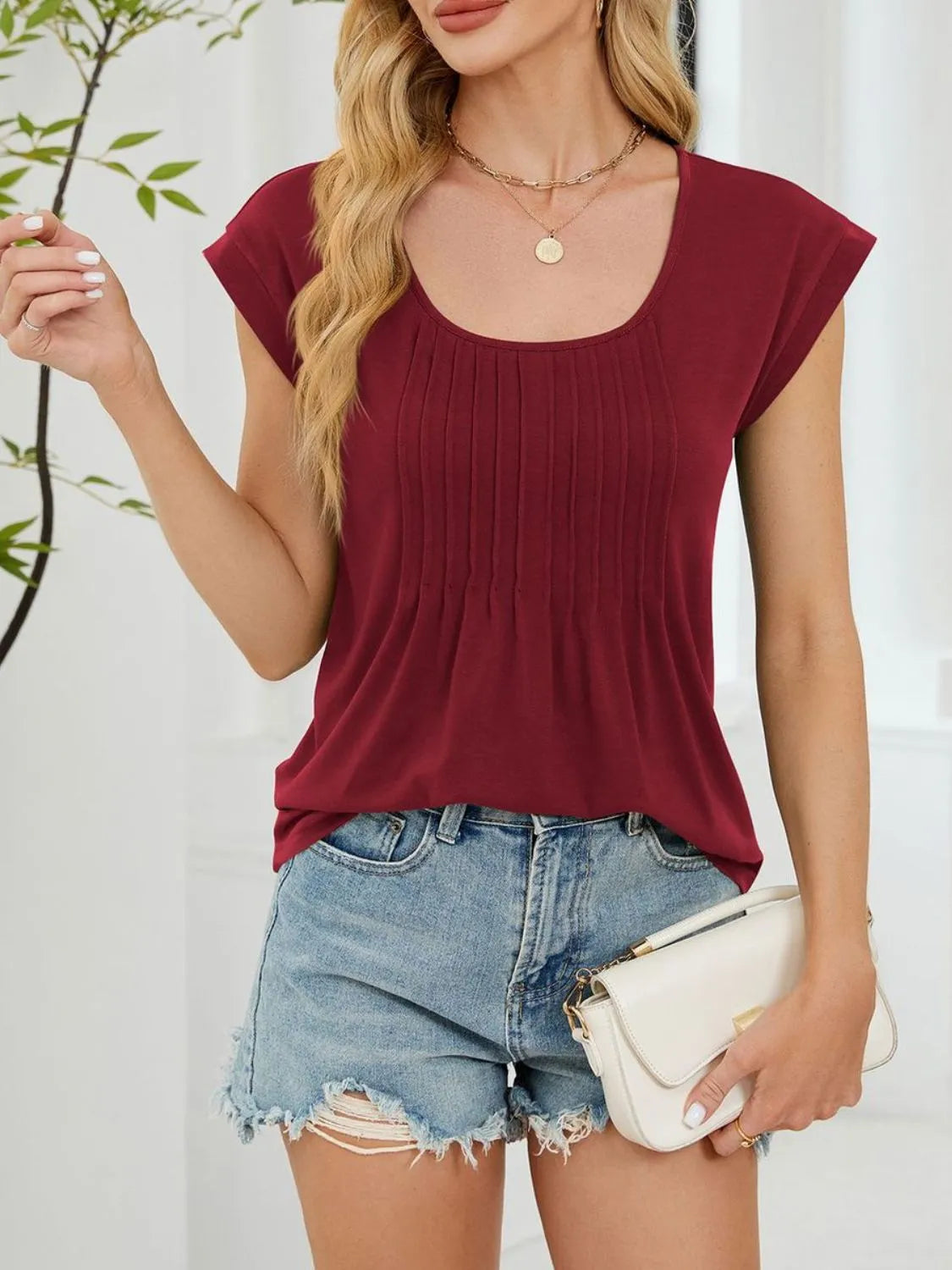 Pleated Front Scoop Neck T-Shirt - Tigbul's Variety Fashion Shop