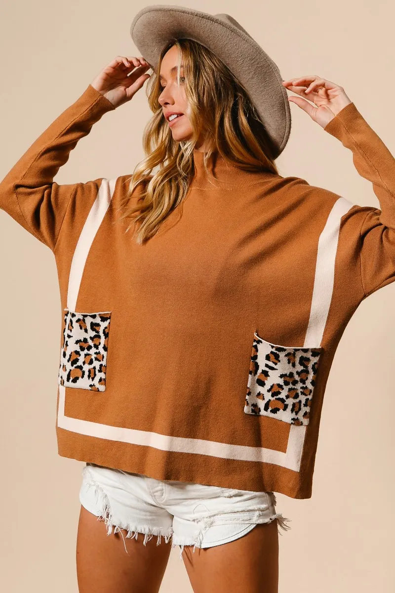 BiBi Mock Neck Sweater with Leopard Pocket - Tigbul's Variety Fashion Shop