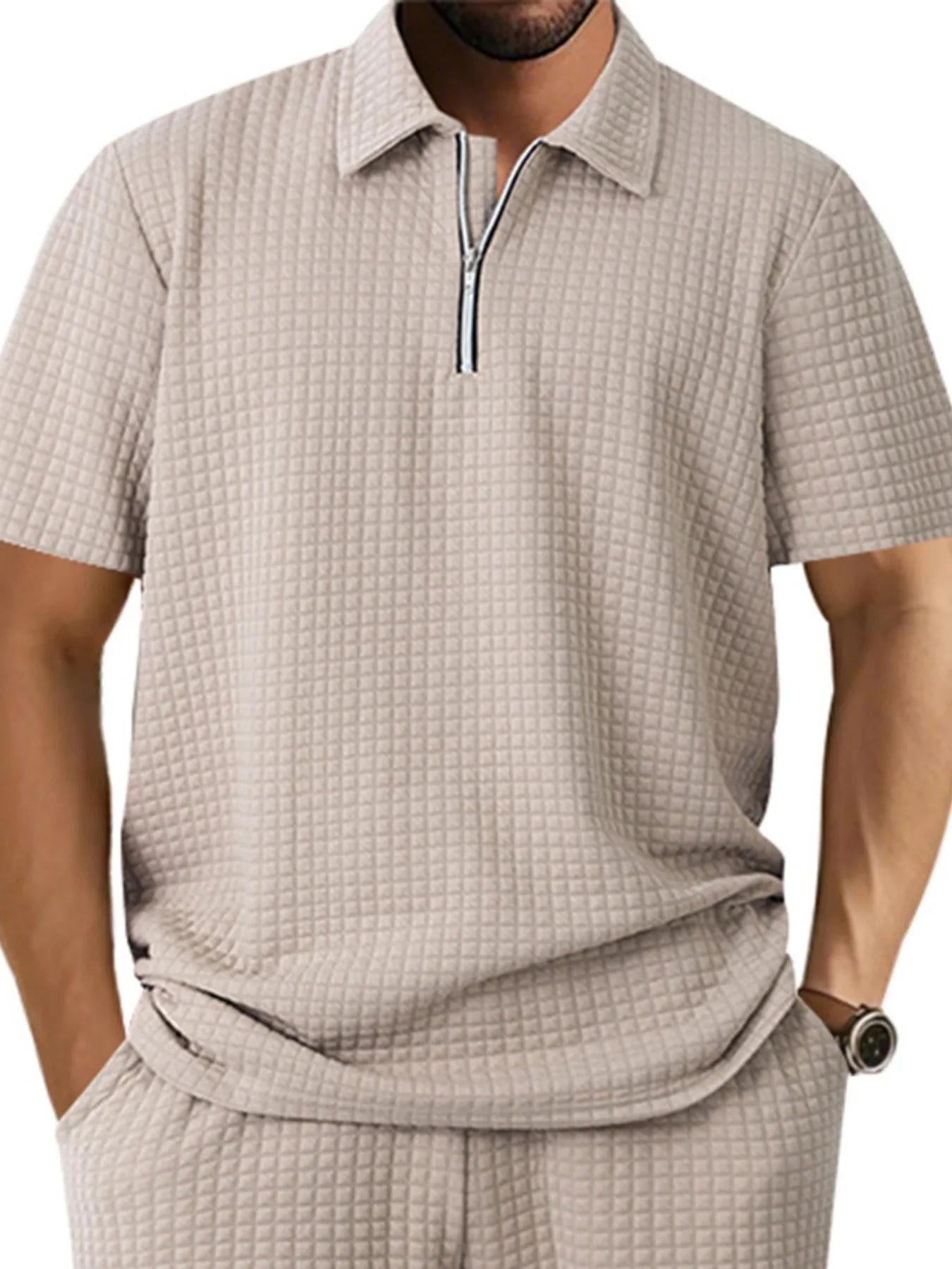 Men's Full Size Waffle Short Sleeve Polo with Zipper Detail Plus Size - Tigbul's Variety Fashion Shop