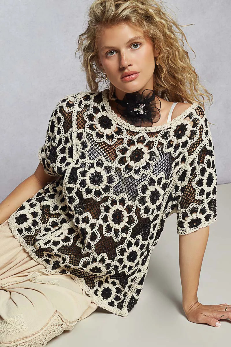 POL Openwork Short Sleeve Crochet Knit Top with Weave Knit Patterns - Tigbul's Variety Fashion Shop