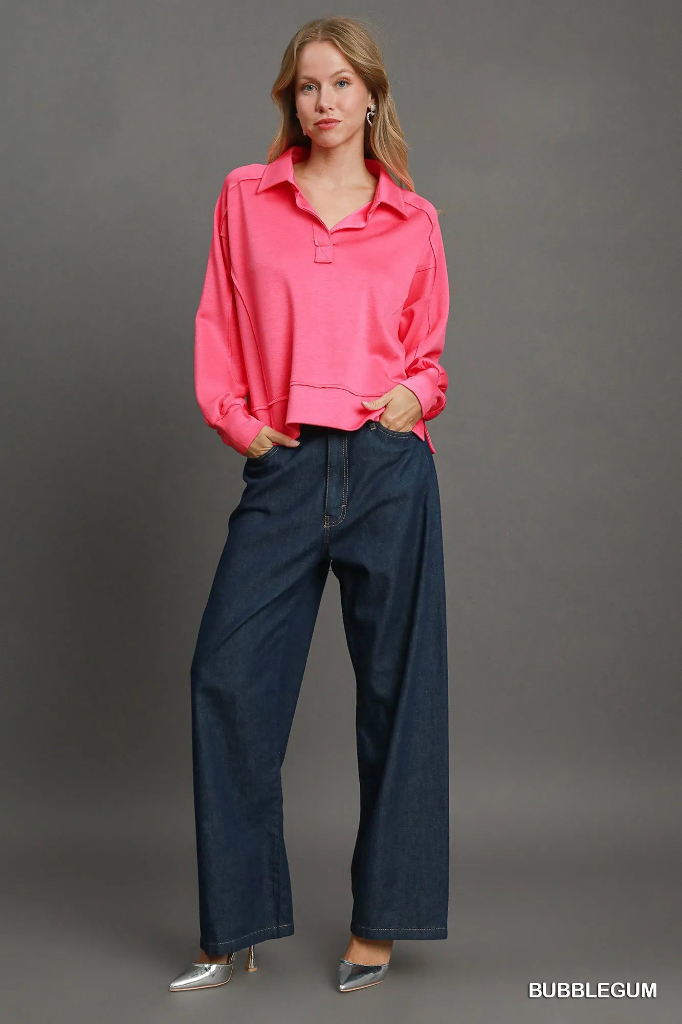 Umgee Exposed Seam Long Sleeve Polo Top with Side Slit - Tigbul's Variety Fashion Shop