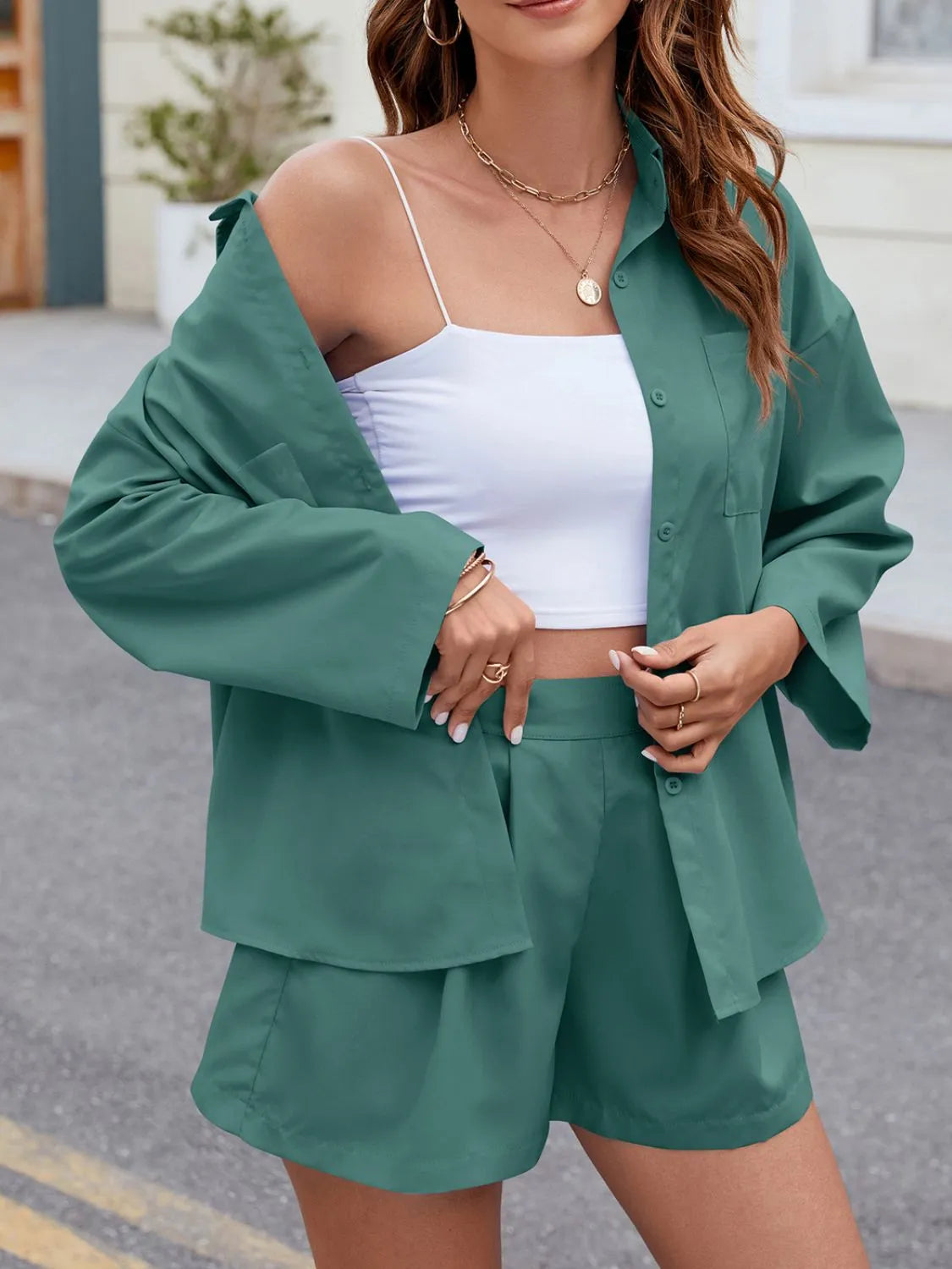 Button Up Long Sleeve Top and Shorts Set - Tigbul's Variety Fashion Shop