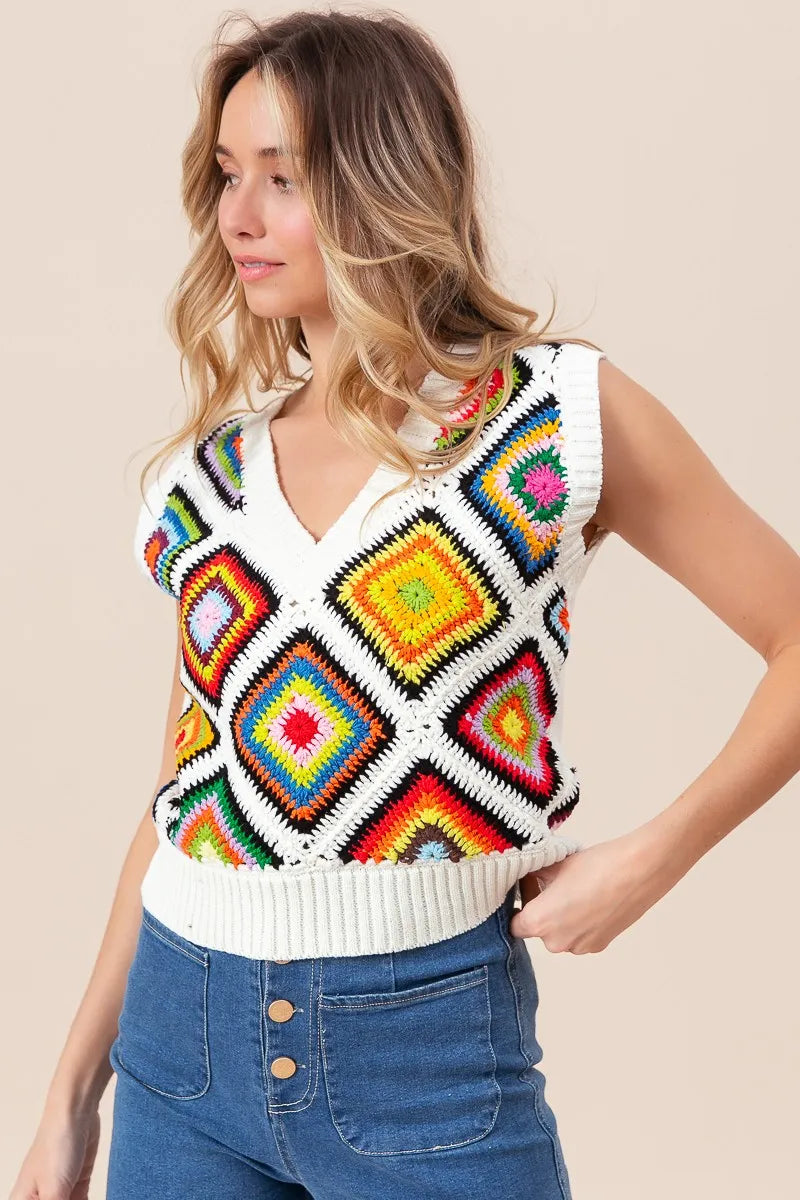 BiBi Diamond Granny Square Sweater Vest - Tigbul's Variety Fashion Shop