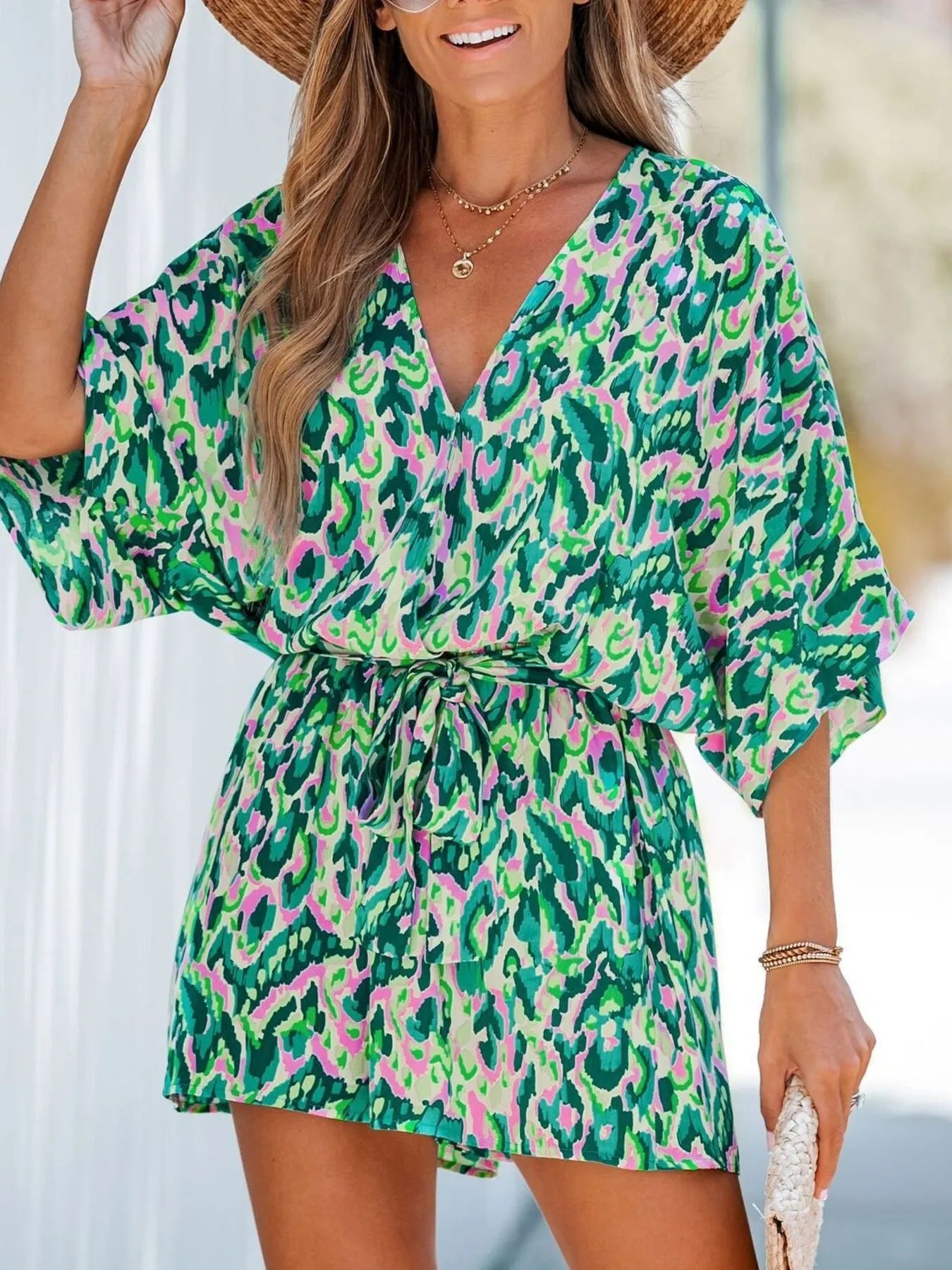 Bohemian Floral Print V-Neck Batwing Sleeve Romper - Tigbul's Variety Fashion Shop