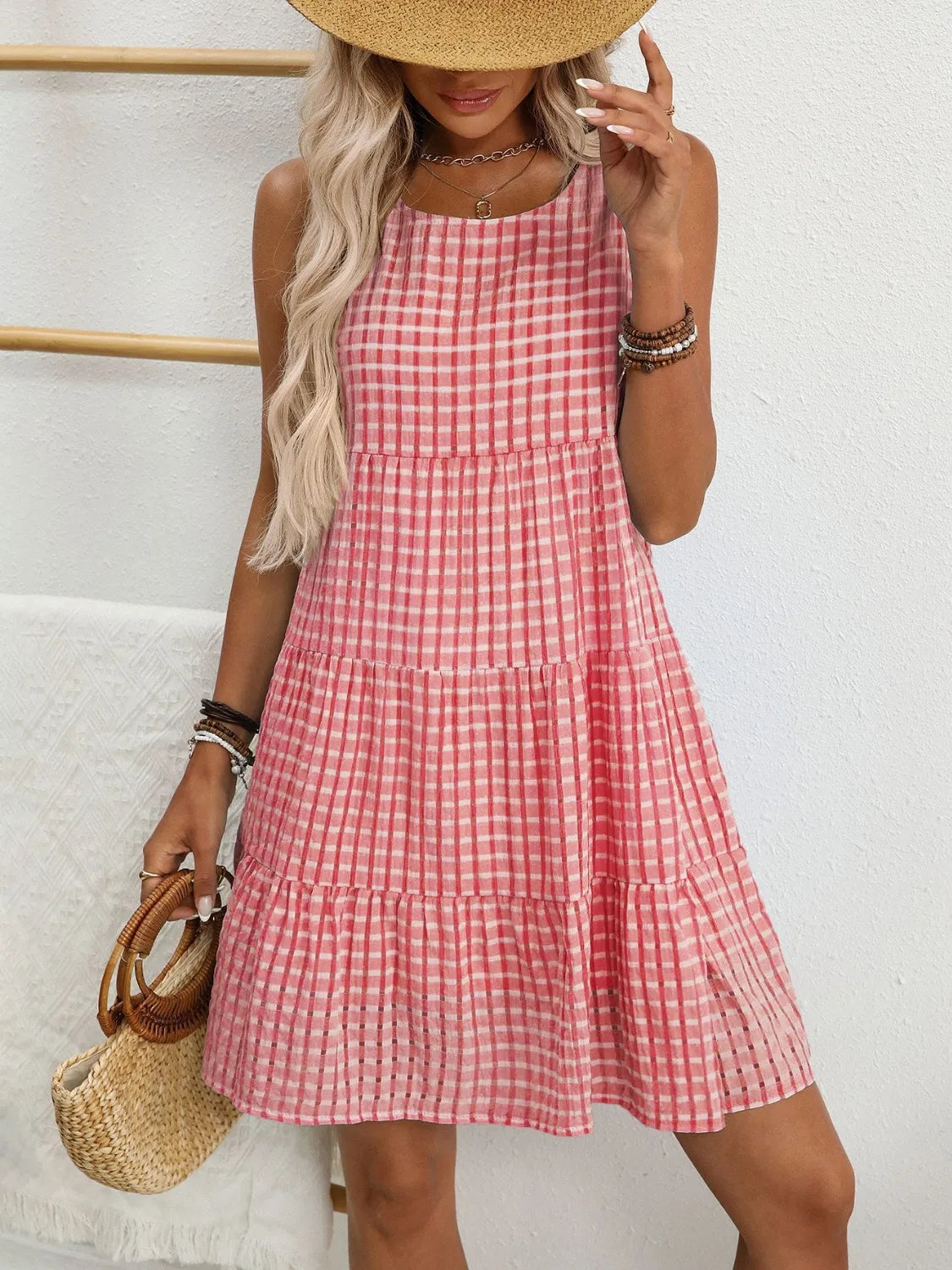 Plaid Round Neck Sleeveless Mini Dress - Tigbul's Variety Fashion Shop