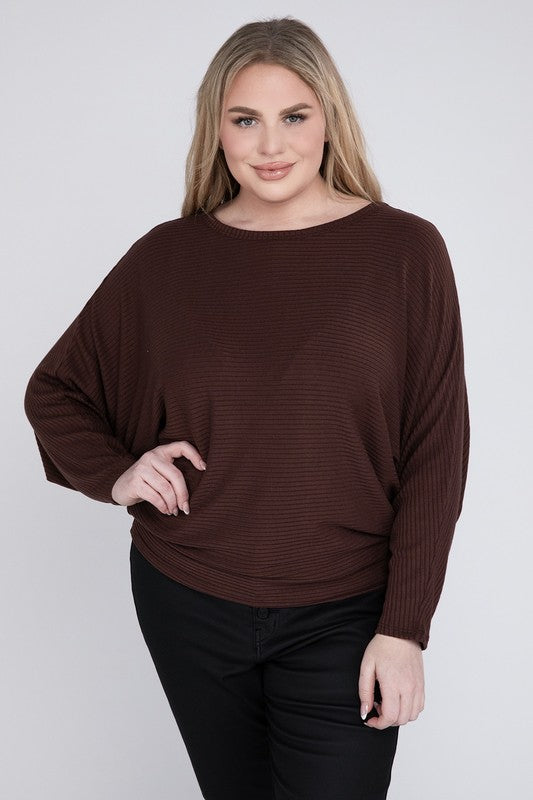 Plus Ribbed Batwing Long Sleeve Boat Neck Sweater - Tigbul's Variety Fashion Shop