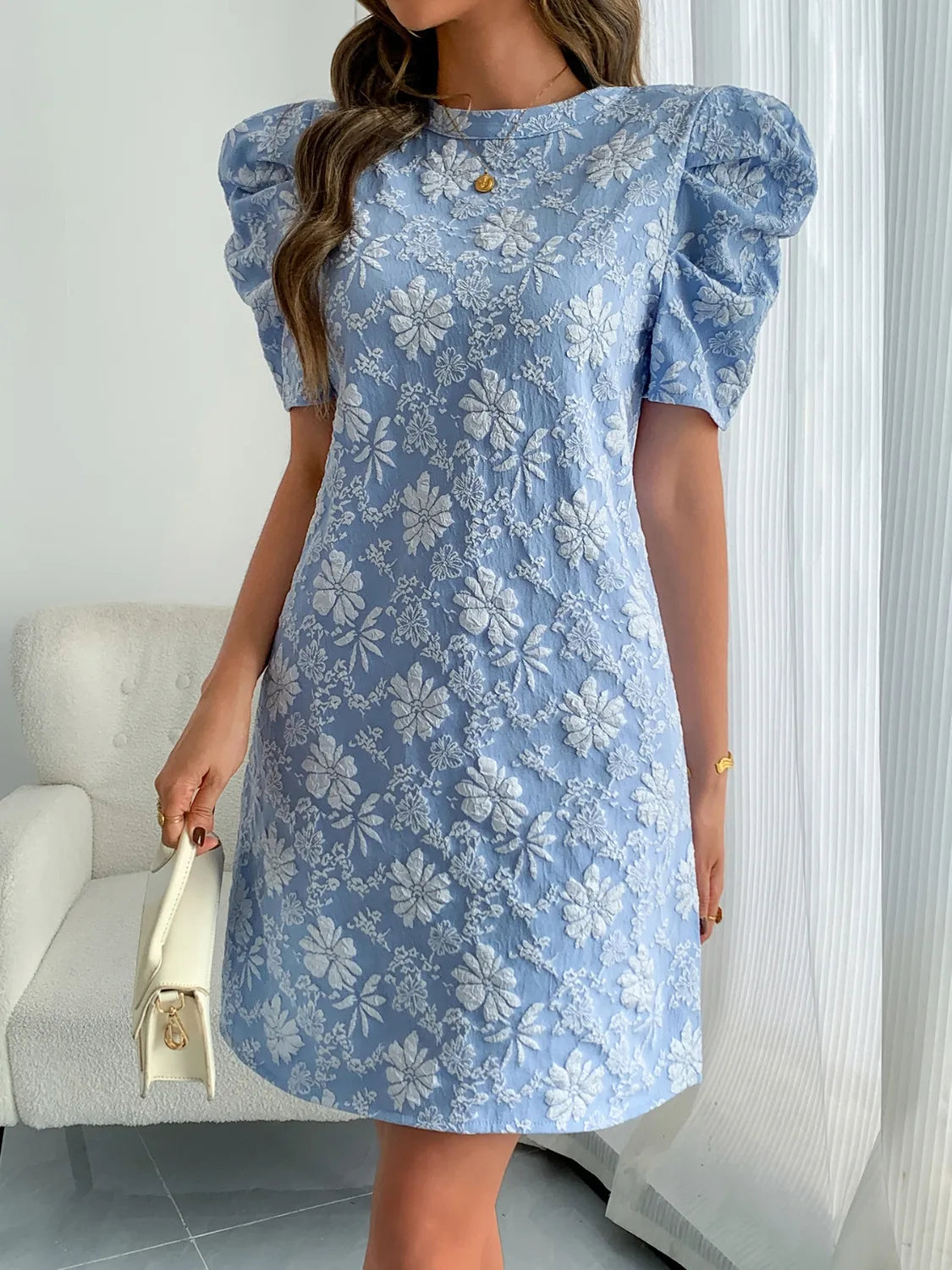 Round Neck Puff Short Sleeve Mini Dress - Tigbul's Variety Fashion Shop