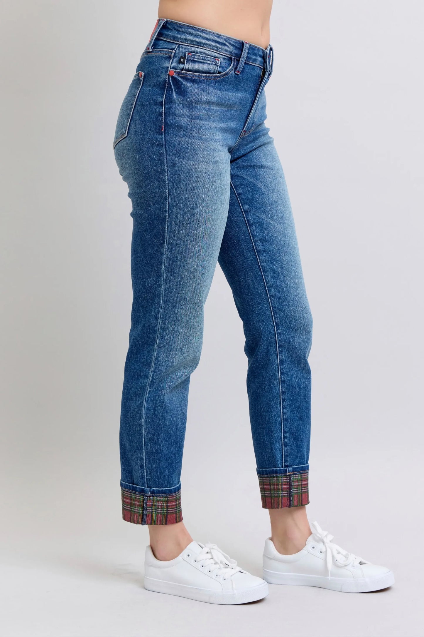 Judy Blue Full Size Mr Plaid Print Cuff Bf Jeans Plus Size - Tigbul's Variety Fashion Shop