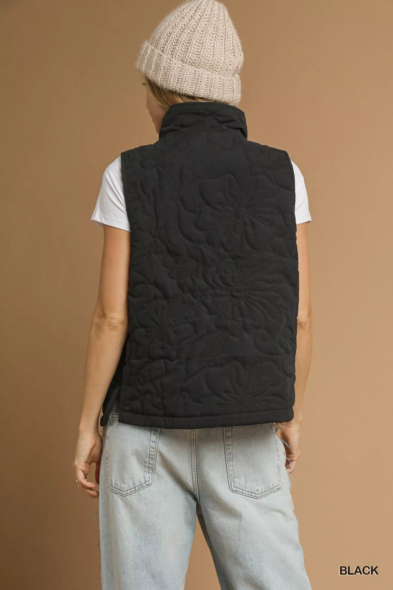 Umgee Quilted Floral Zip Up Vest with Pockets - Tigbul's Variety Fashion Shop