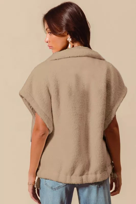 Over Sized Soft Sherpa Fur Taupe Sleeveless Vest Jacket - Tigbul's Variety Fashion Shop