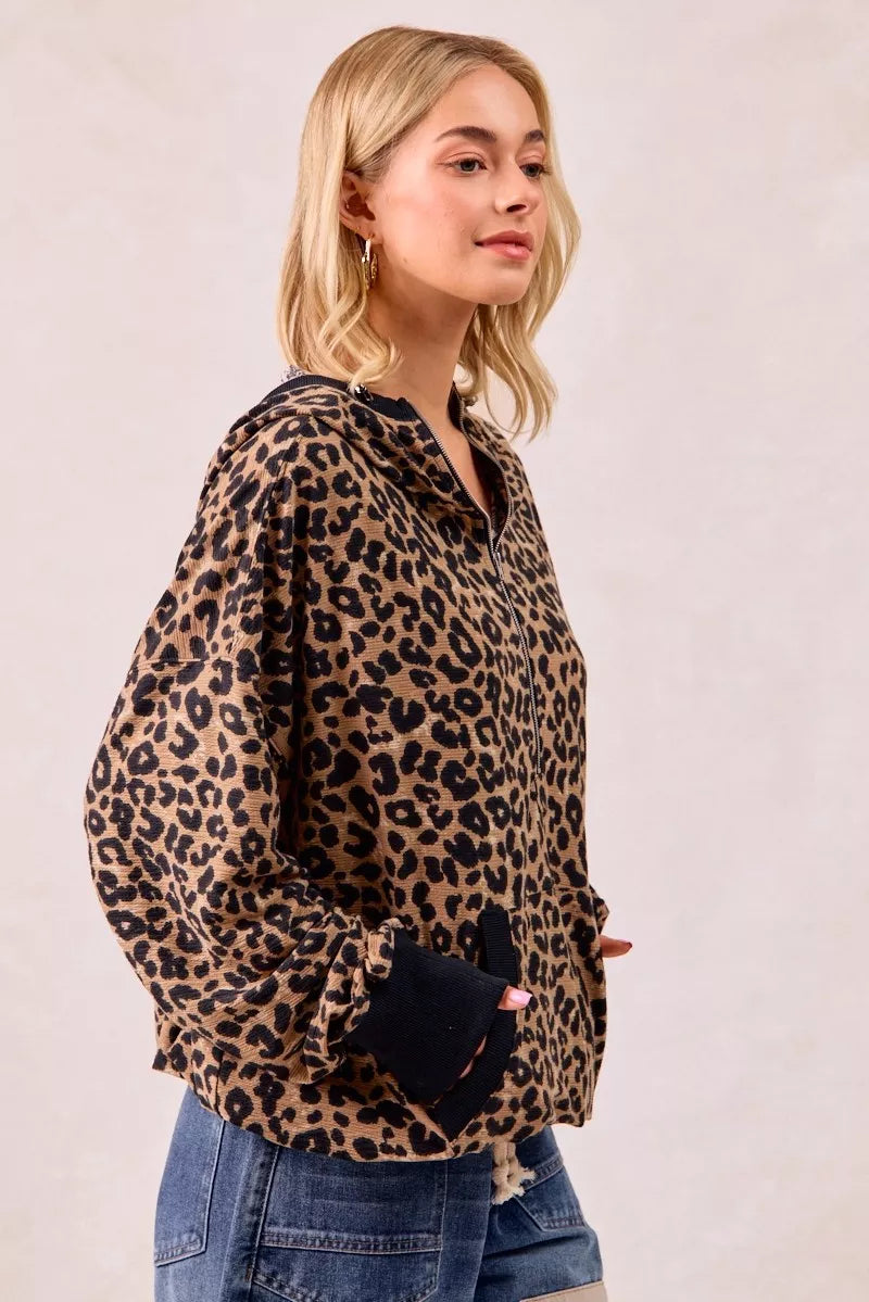 BiBi Leopard Print Waffle Half Zip Up Hoodie W Pocket - Tigbul's Variety Fashion Shop