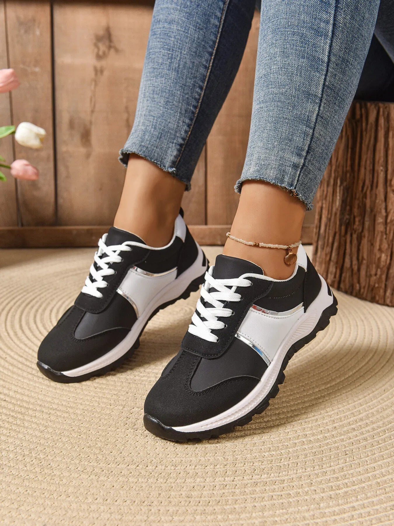 Contrast Lace Up Sneakers - Tigbul's Variety Fashion Shop