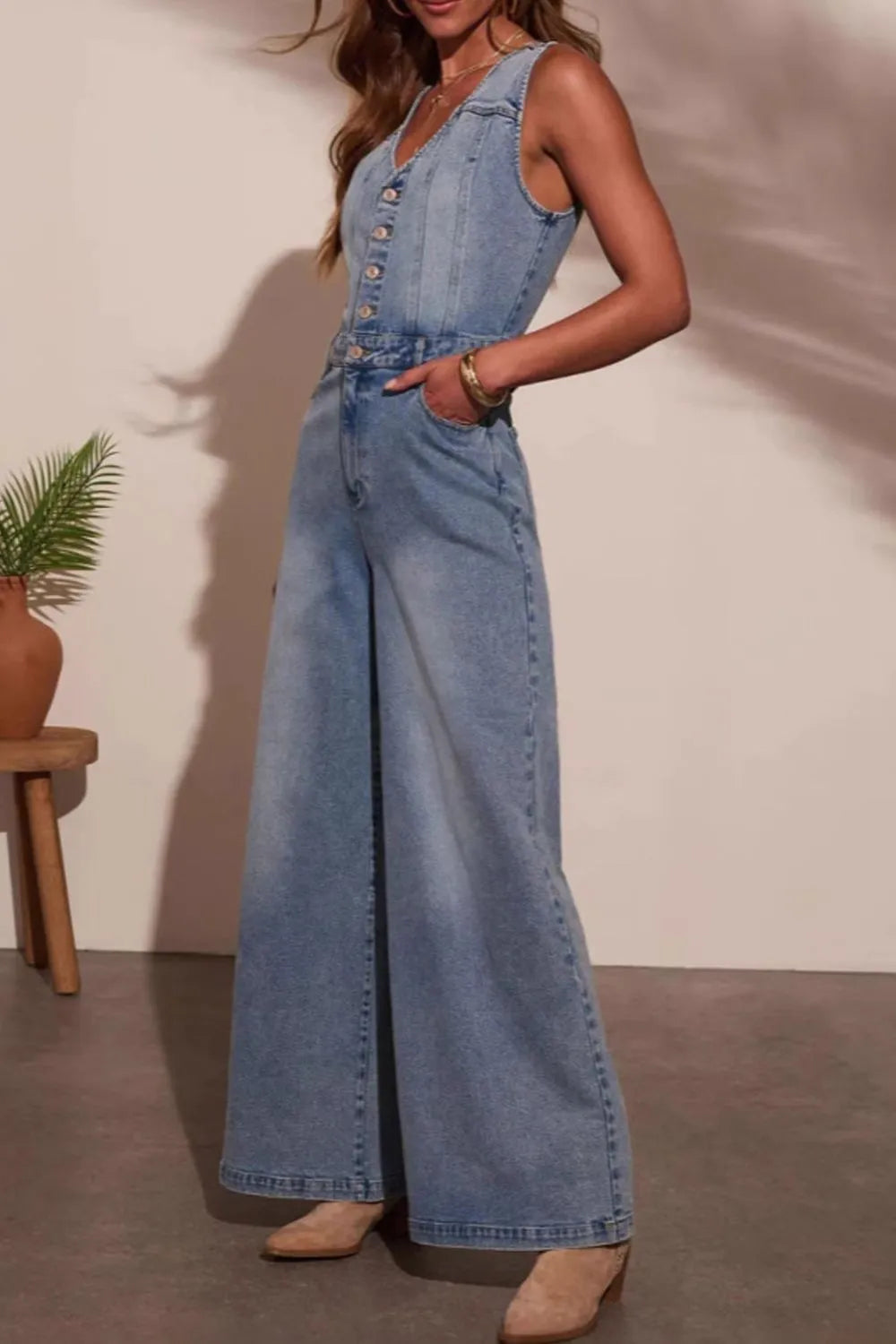 V-neck Wide Leg Denim Jumpsuit - Tigbul's Variety Fashion Shop