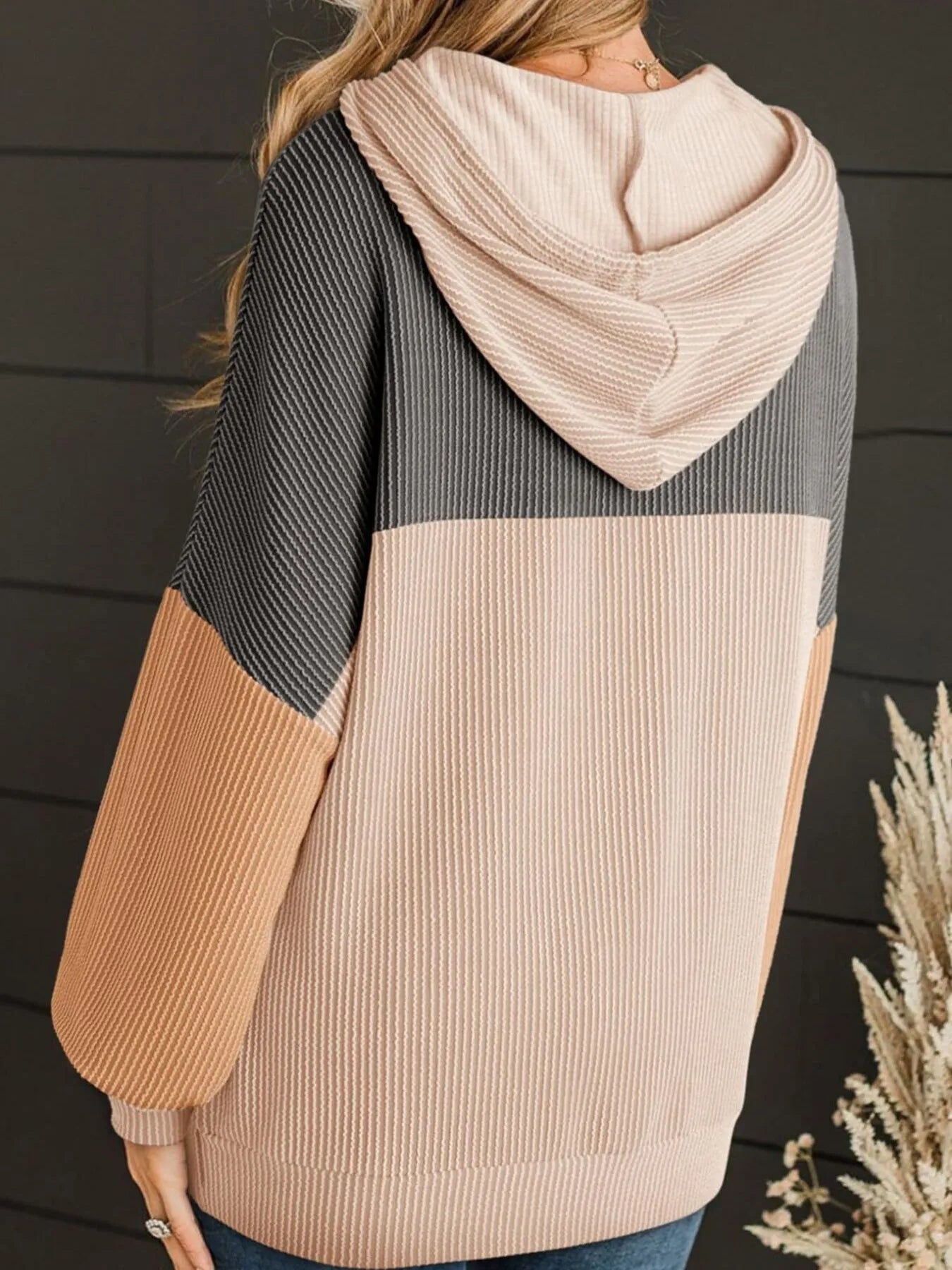 Drawstring Color Block Long Sleeve Hoodie - Tigbul's Variety Fashion Shop