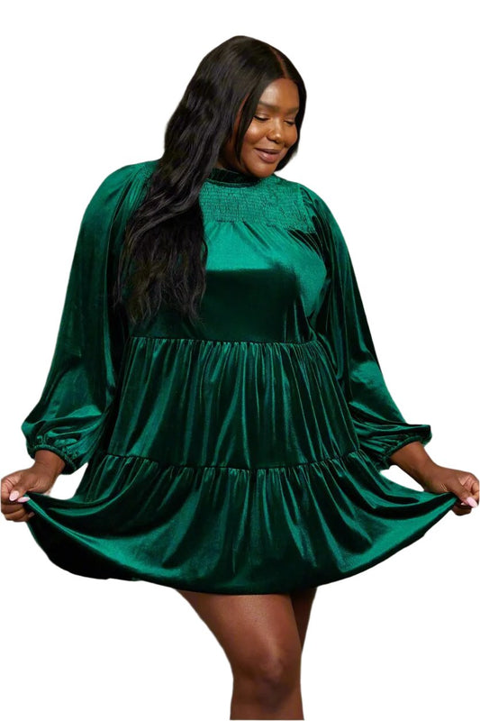Plus Size 1XL Green Velvet Tiered Mini Dress - Tigbul's Variety Fashion Shop