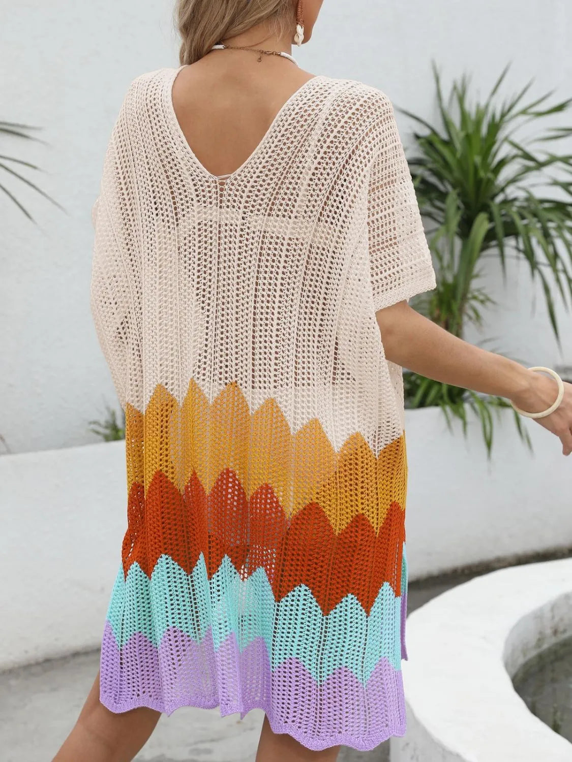 Openwork V-Neck Half Sleeve Cover-Up - Tigbul's Variety Fashion Shop