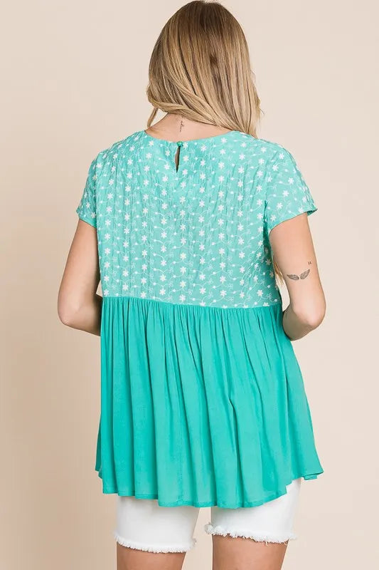 Embroidered Short Sleeve Pleated Babydoll Top Plus Size - Tigbul's Variety Fashion Shop